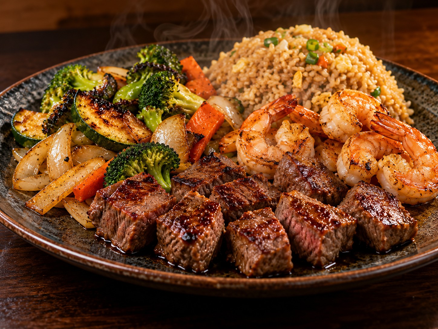 Grilled steak, shrimp, vegetables and fried rice