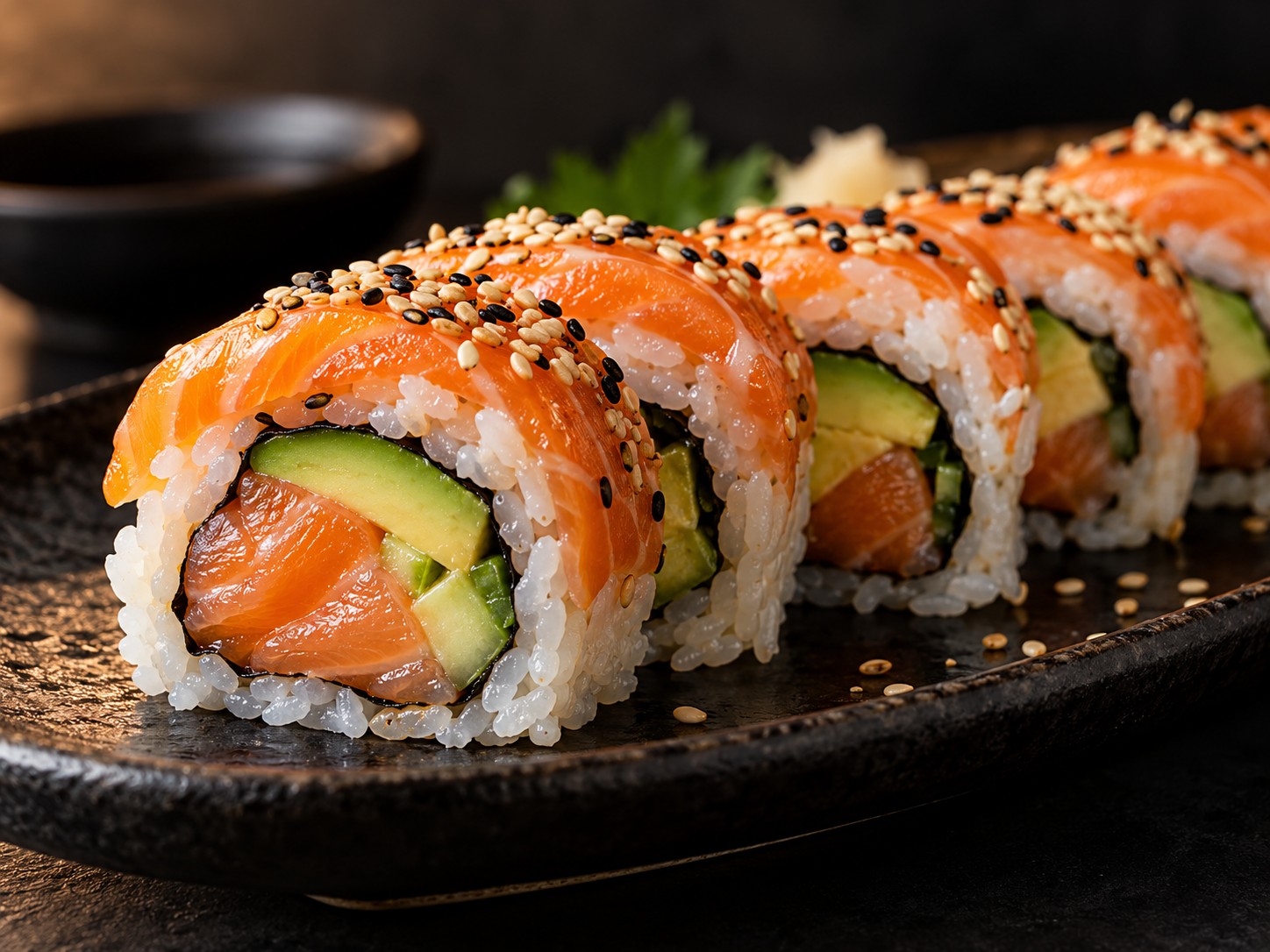 Close-up of salmon and avocado sushi rolls